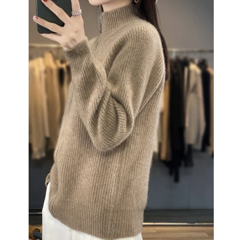 Autumn Winter Fashion Solid Zipper Turtleneck Sweater Women Wool Cardigan High Street 2024 Casual Knit Long Sleeve Female Tops