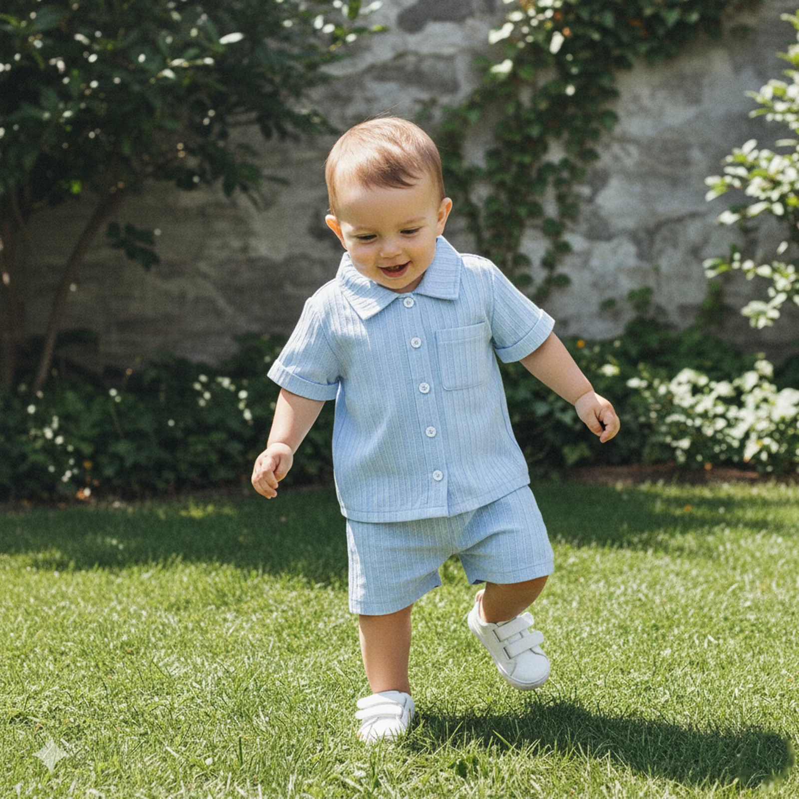 

2026 Summer Toddler Kids Baby Boys Clothing Sets Solid Color Short Sleeve Turn-down Collar Buttom Shirts+Shorts Beach Outfits