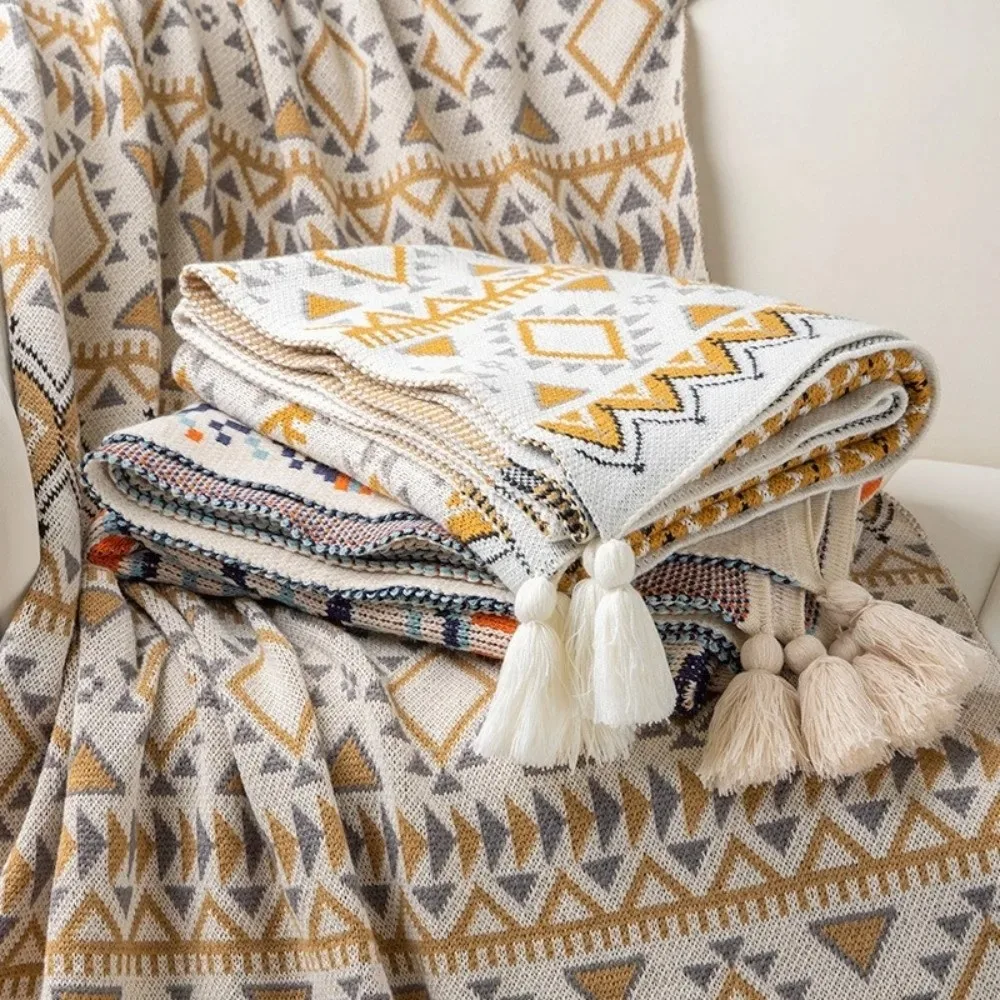 Vintage Chunky Knit Boho Throw Blankets Soft Tassel Cozy Tassel Throw Blanket Fringed Sofa Throw Blankets Winter