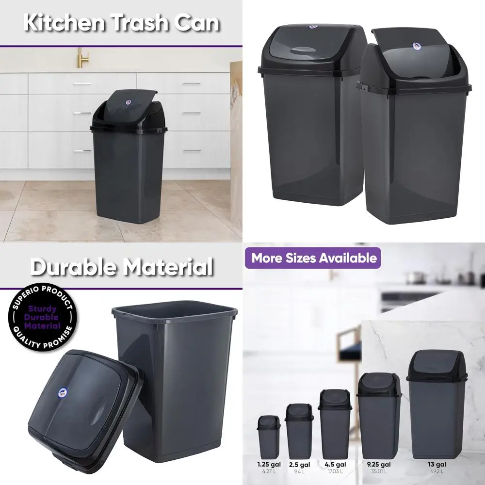 

2-Pack Grey/Black 13-Gallon Swing-Top Trash Cans, Perfect for Home, Office, Garage, Patio, Outdoors