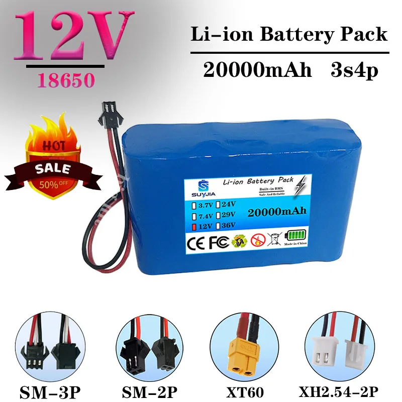 12V 20Ah 18650 Lithium Ion Battery 3S4P Fishing Light Speaker Toy Car Power Tool Portable Small Socket Electrical Appliance SM-2