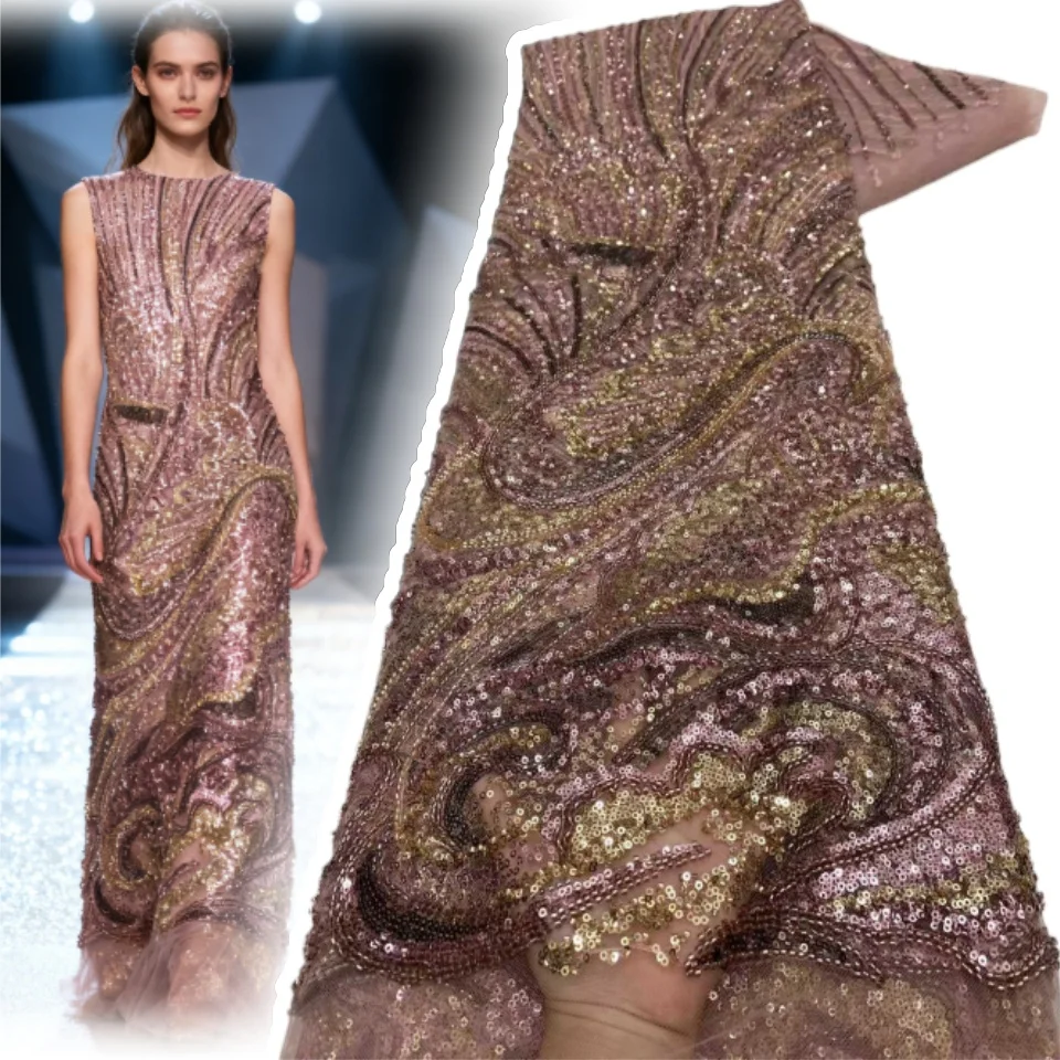 

Purple African Beaded Lace Fabric Latest French Sequin Lace Fabric Nigerian Mesh Lace Fabric Wedding Gown & Evening Dress 1911