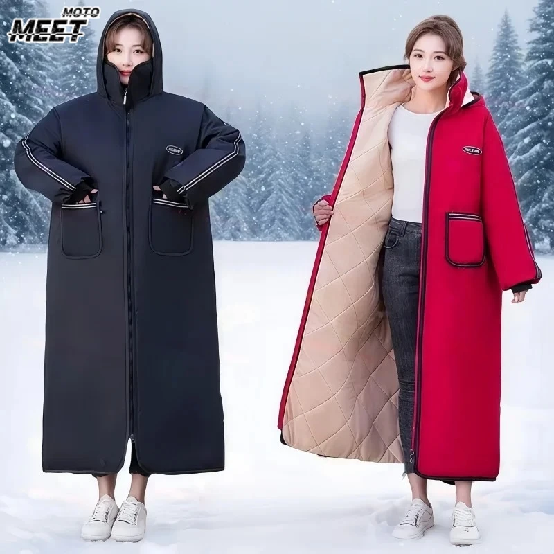 Winter Motorcycle Poncho, Thickened Fleece‑Lined Warm Long Outerwear, Waterproof Windproof Cold‑Resistant for Male & Female
