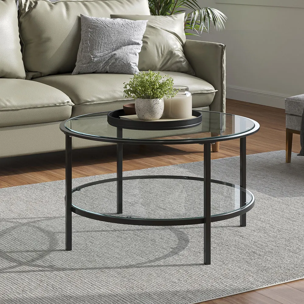 2 Tier Round Glass Coffee Table Side Table for Living Room with Iron Frame