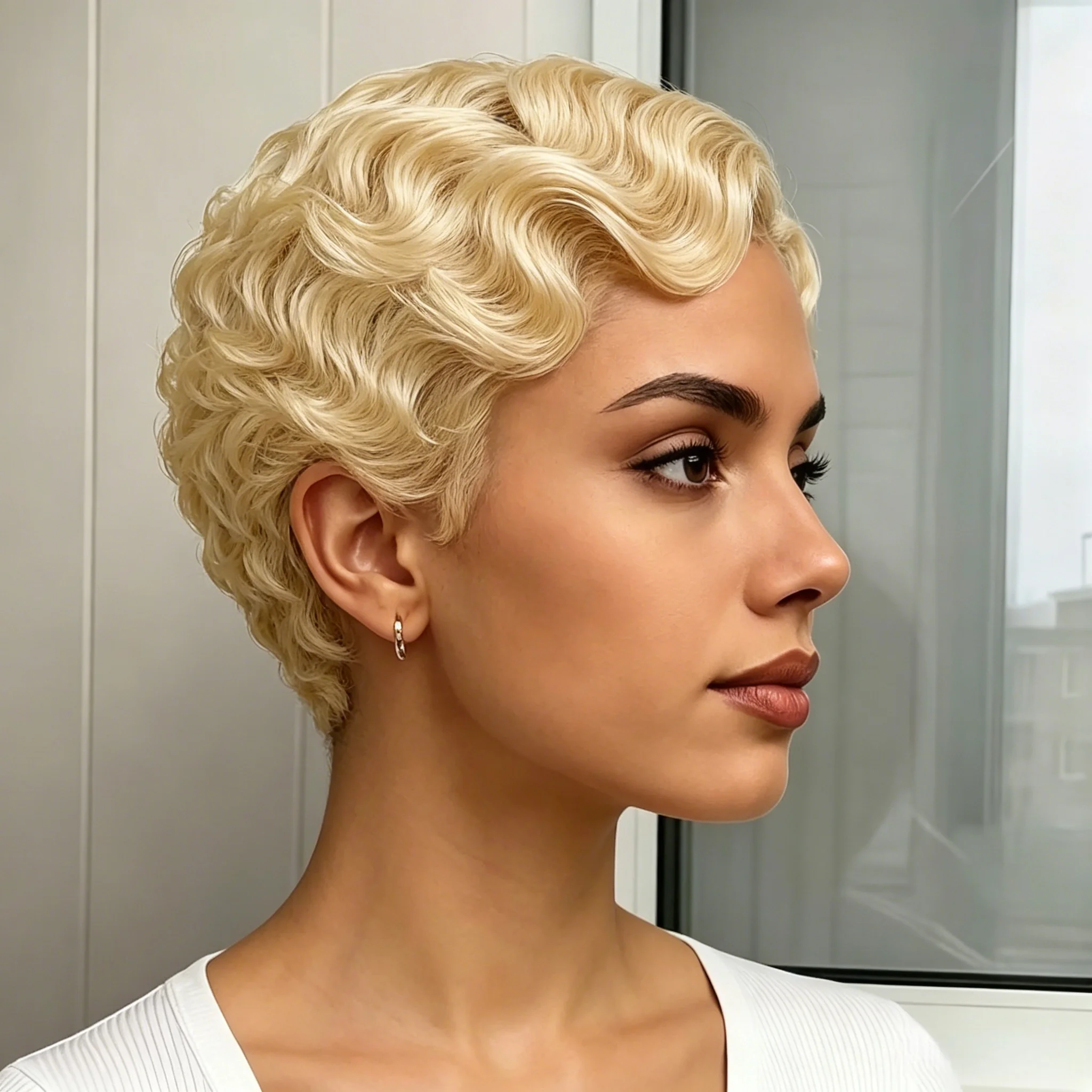 Women's 6 Inch Pixie Cut Wig Deep Wave Finger Wave Brazilian Human Hair Full Machine Made Wig for Easy Styling
