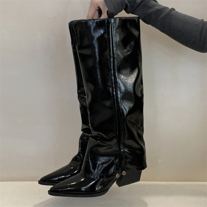

Eilyken/женские сапоги до колена, дизайнерские осенне-зимние туфли на квадратном каблуке с острым носком, модные длинные сапоги на пуговицах Femme