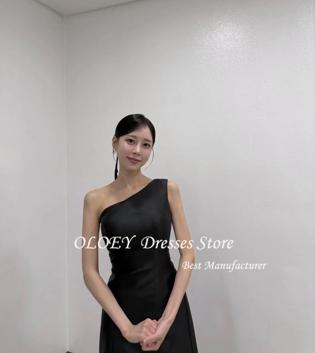 OLOEY Simple One-Shoulder Korea Wedding Dresses Photos Shoot Party Dress Customized Elegant Black Floor Backless Evening Gown