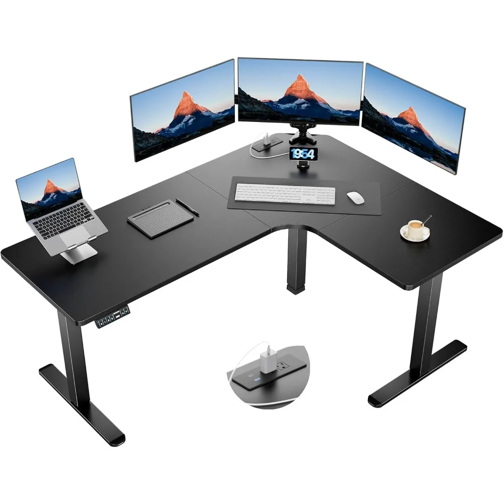 63″ Dual Motor L-Shaped Standing Desk, Built-in Power Outlets,Electric Height Adjustable Corner Computer Desk,Power Strip Holder