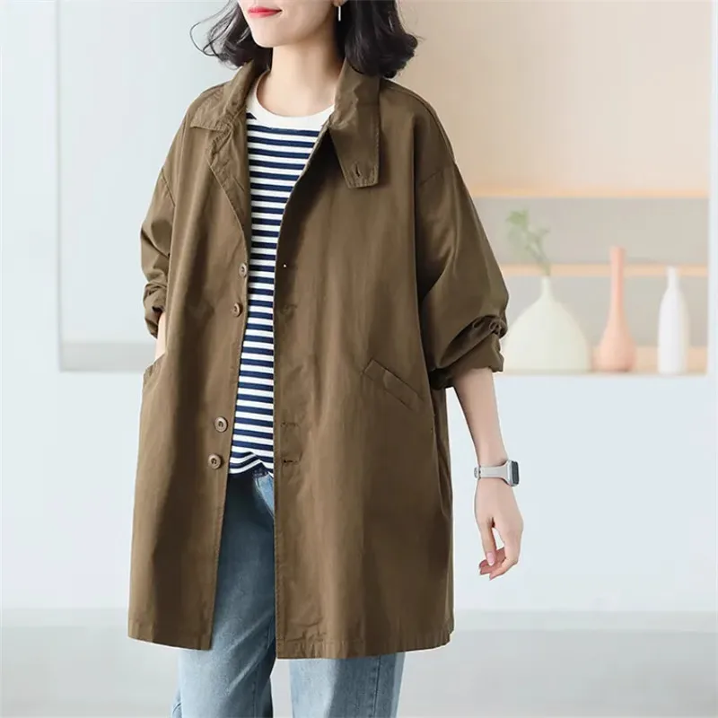 

High-End Mid-Length Trench Coat Women Spring Autumn New Casual Windbreaker Fashion Pocket Overcoat Female Loose Outerwear T1436