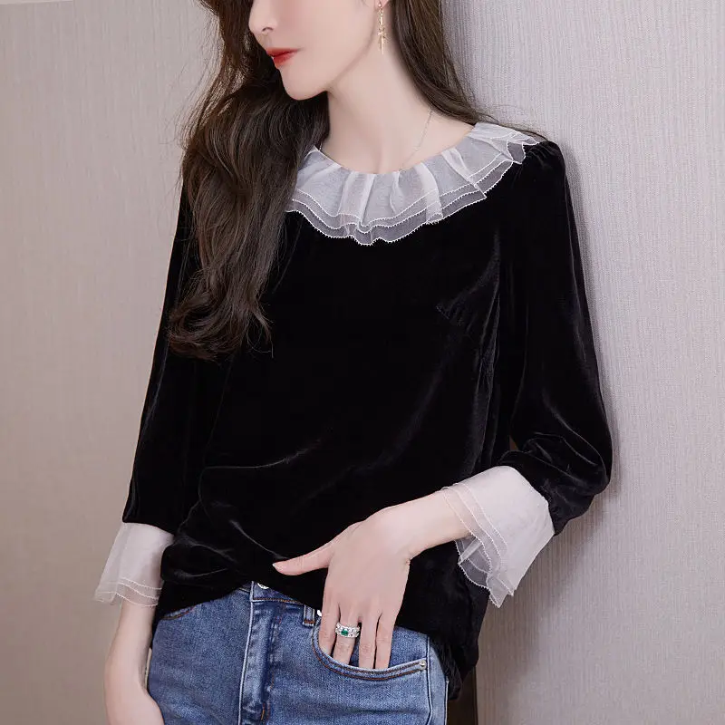 Elegant Ruffles Spliced Lace Flare Sleeve Blouse Women\'s Clothing 2023 Spring New Oversized Casual Pullovers Loose Commute Shirt