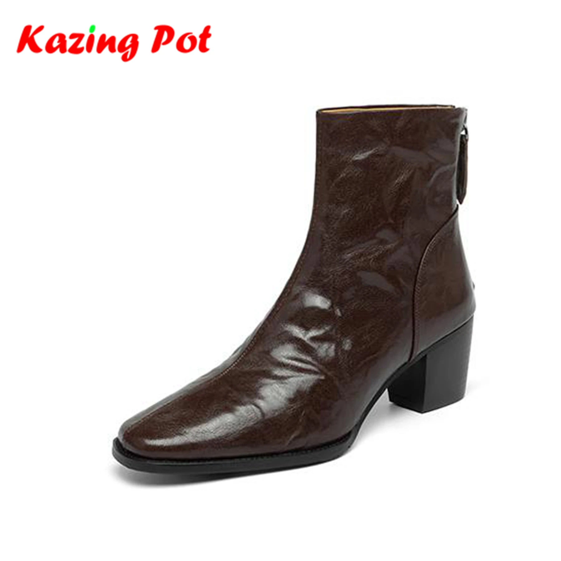 

Krazing Pot Sheepskin Chunky Thick Heels Modern Chelsea Boots Brand Winter Autumn Vintage High Quality Women Luxury Ankle Boots