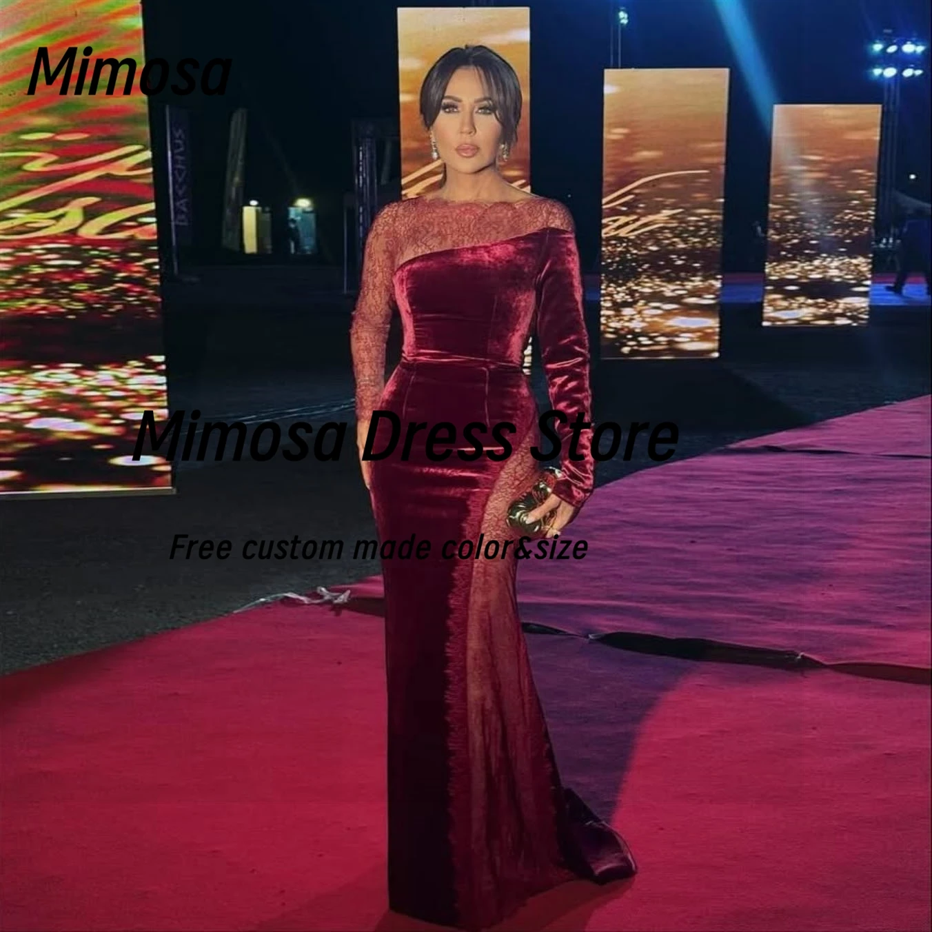 

Mimosa бордовые велюровые платья для выпускного вечера с длинными рукавами вечернее платье с кружевом Саудовская Аравия женские вечерние платья по индивидуальному заказу