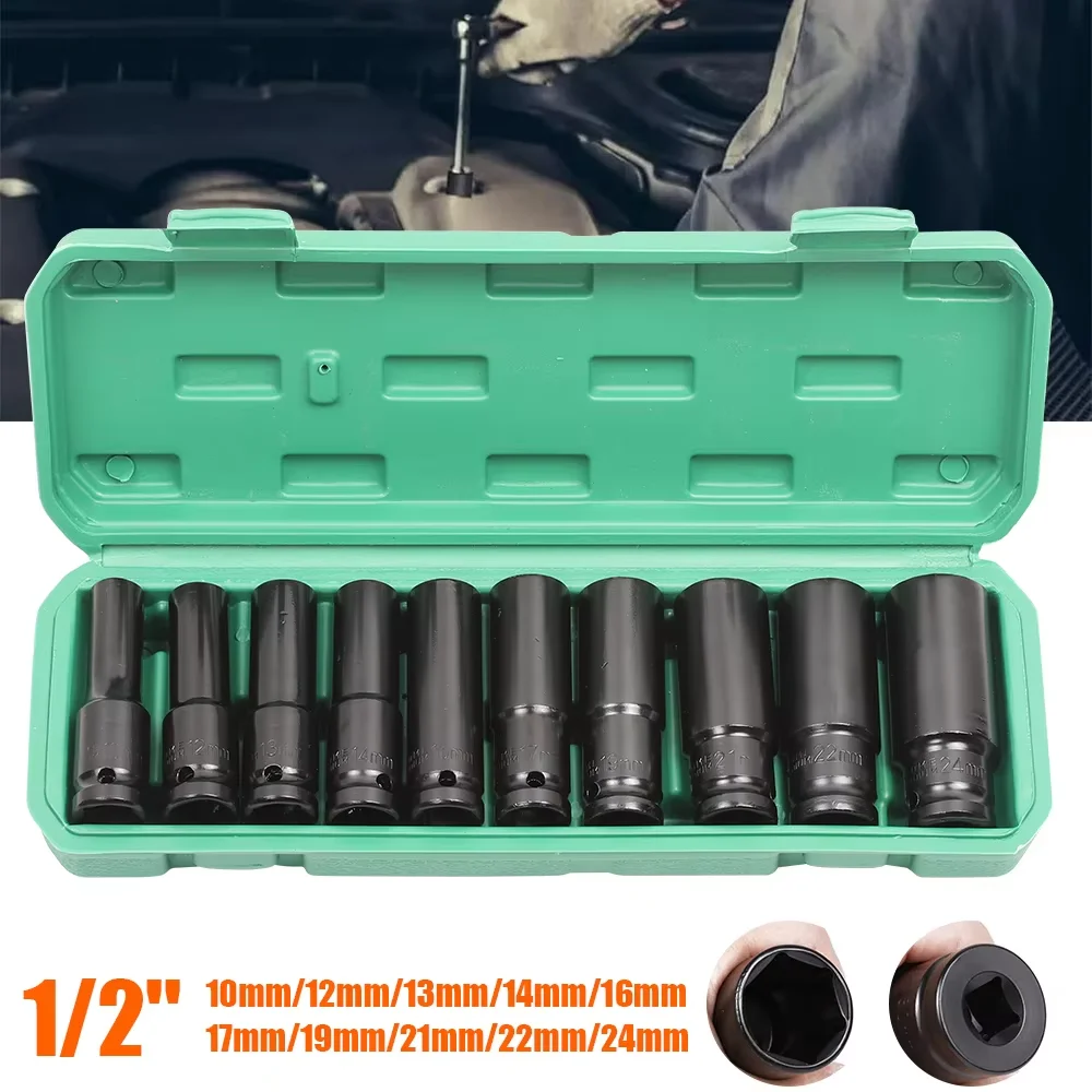 Jeu de douilles à percussion, clé métrique 1/2 pouces, douilles profondes 10-24mm, tête de clé pneumatique, outils de retrait de pneus 10 pièces