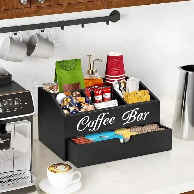 Coffee Tea Holder Basket Countertop Wooden Basket Holder Coffee Station Organizer With Removable Dividers For Home Offices