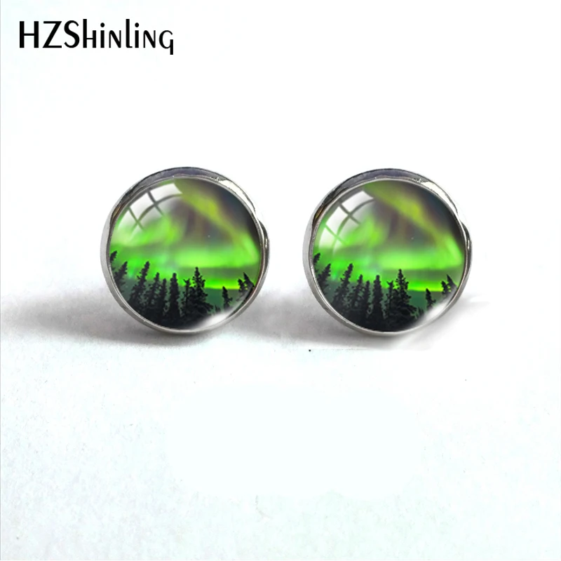 Green Northern Lights Earrings Northern Light Jewelry Light Aurora Handcraft Glass Dome Stainless Steel Stud Earrings Jewelry