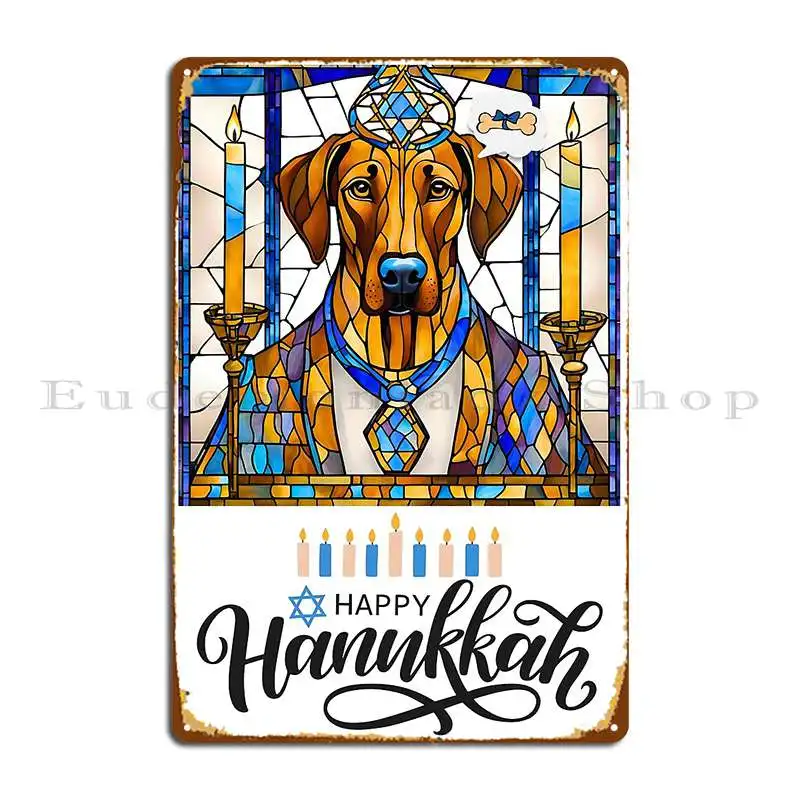 Happy Hanukkah Rhodesian Ridgeback Dreaming Of Gifts Stained Glass Menorah Art Metal Sign Home Bar Iron Bar Tin Sign Poster