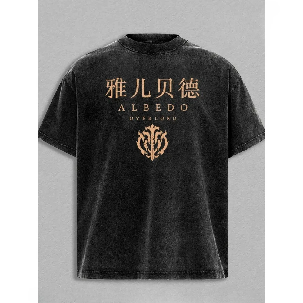 Overlord Albedo Printed Tee Men Women Washed Cotton T-shirts Anime Vintage Casual T Shirt Short Sleeve Oversized Streetwear