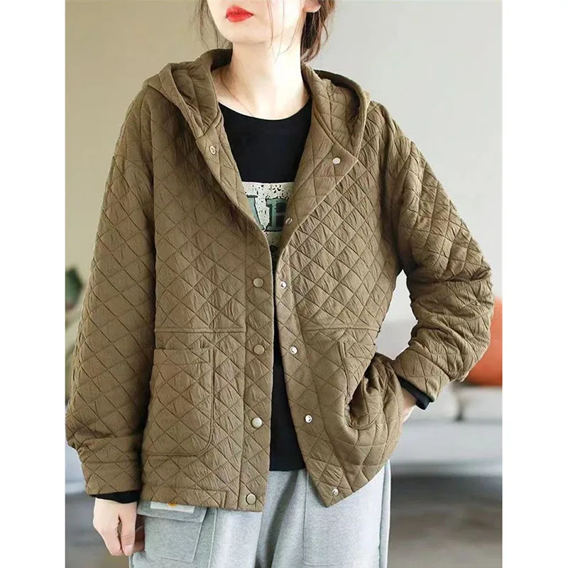 Vintage Hooded Quilted Cotton Coat Women 2024 Spring Autumn Winter Jacket Short Loose Casual Warm Thin Cotton Outerwear Female