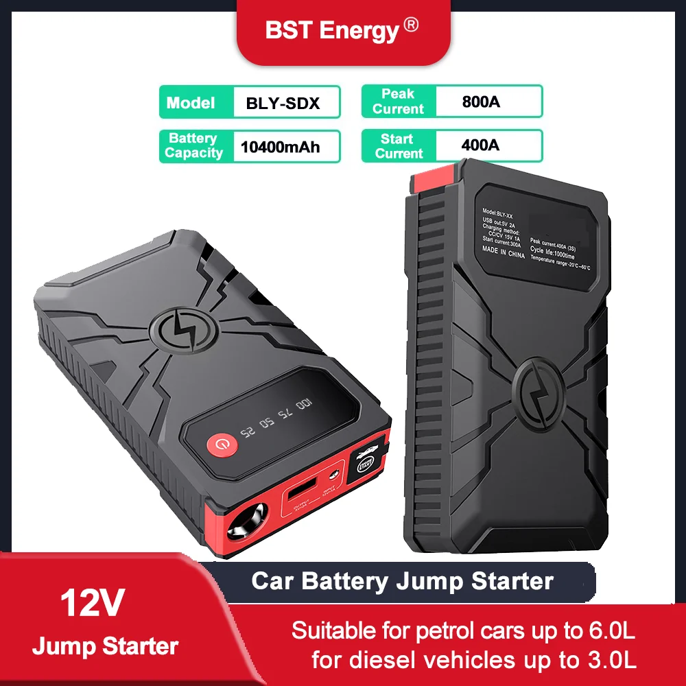 Arrancador de puente de batería portátil, batería de coche Peak Boost de 800A, arrancador de salto de 12V para motores diésel de Gas de 6,0 L o 3,0 L, arranque de batería de coche