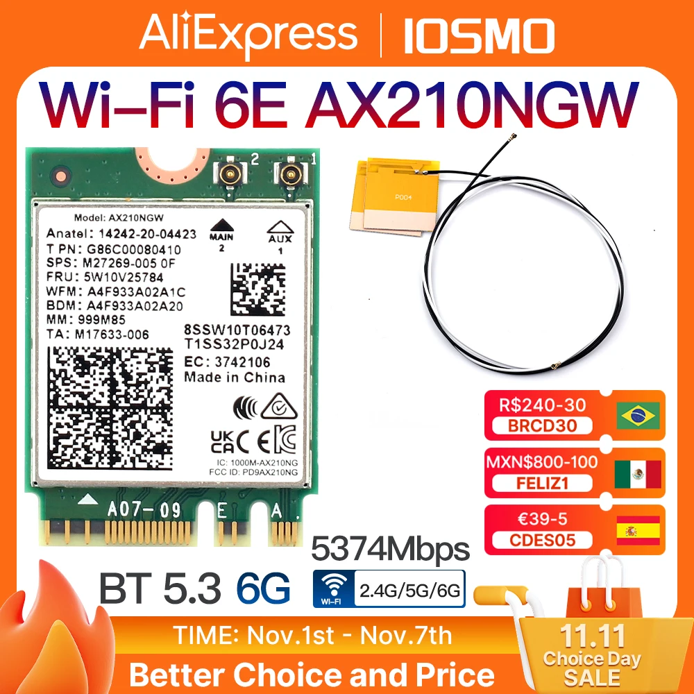 AX210 WiFi 6E Wireless Card Bluetooth 5.3 802.11AX M.2 Tri Band 2.4G/5G/6Ghz Mini PCI-E Network AX200 Adapter For Windows10/11