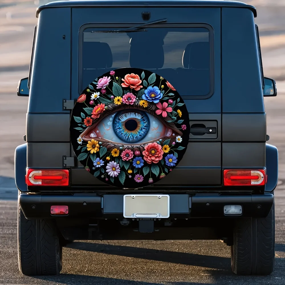 1pc Modern Floral Print 100% Polyester Tire Cover, Universal Fit For Outdoor Camping - Vibrant Eye & Flower Design, Weatherproof