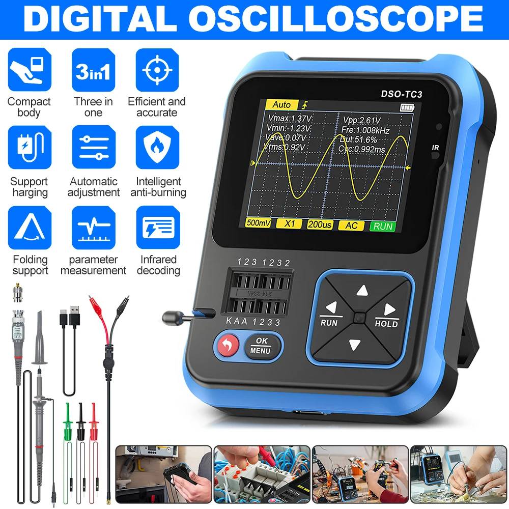 DSO-TC3 3 In 1 Digital Oscilloscope Transistor Tester Signal Gnerator 2.4 Inch Screen10MS/s Sampling Rate 500KHz Bandwidth