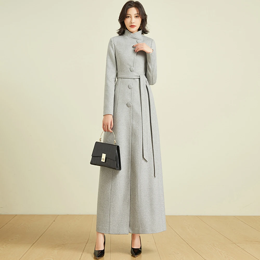 New Women Long Woolen Coat Autumn Winter Elegant Chic Turn-down Collar Belt Slim Wool Blends Coat Fashion Overlength Outerwear