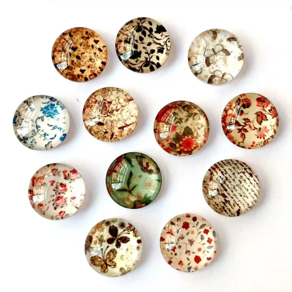 12mm Random Mixed Flowers Round Glass Cabochon Flatback Photo Dome DIY Earrings  Bracelet Accessory  In Pairs 50pcs/lot K06025