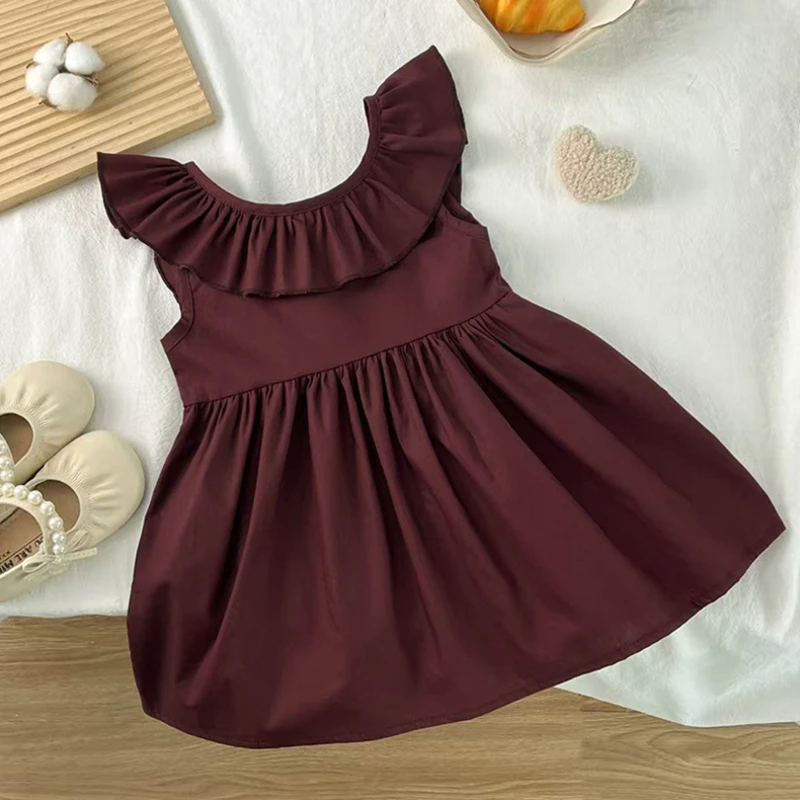 Summer Girls' Ribbon Wine Red Dress Simple All-Match Girls' Dress