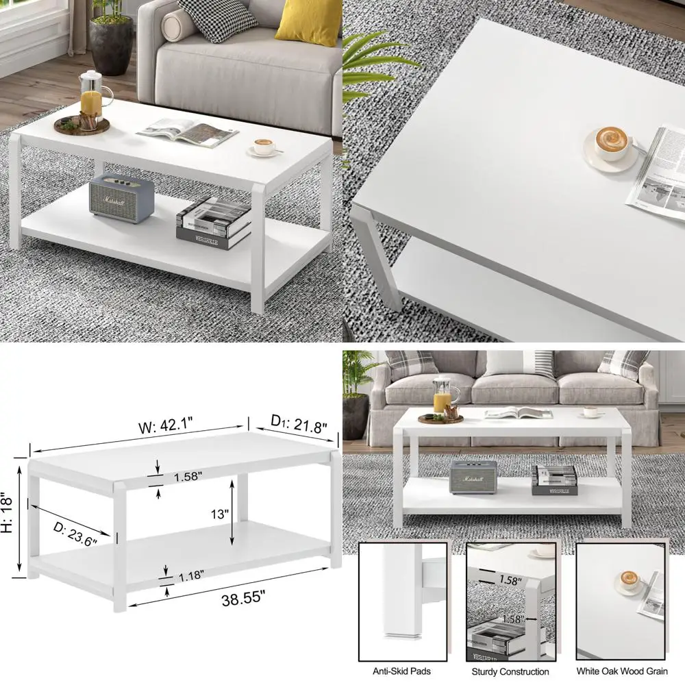 

Modern Rustic White Oak Coffee Table with Storage, Living Room Centerpiece, Metal and Wood Cocktail Table