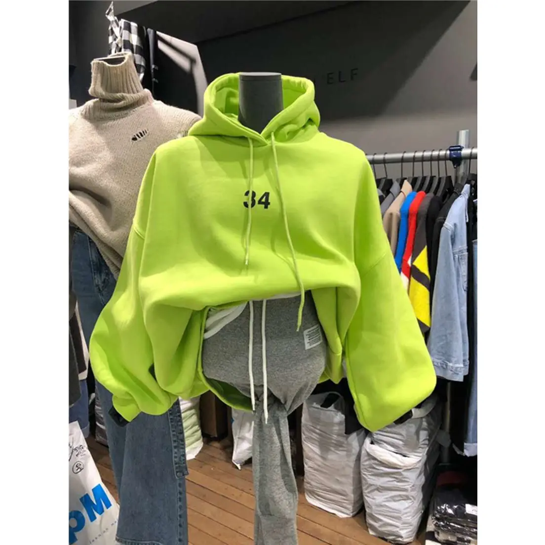 

Autumn Winter New Women Fashion Neon Green Long Sleeve Hoodies Korea Dongdaemun Loose Drawstring Fleece Sweater Sweatershirt