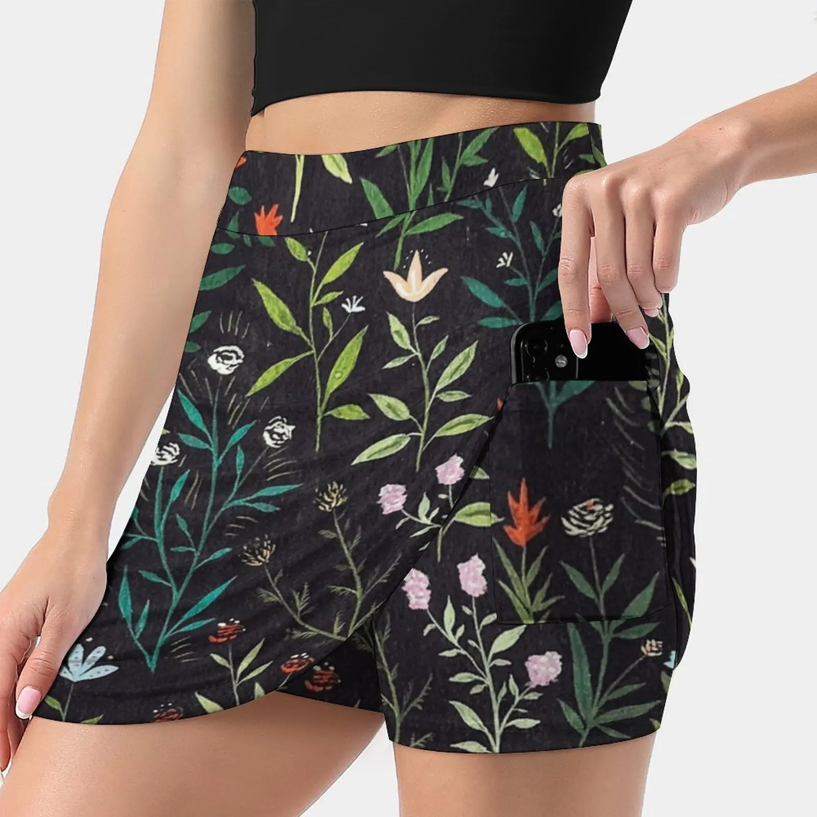 Midnight Garden Women's skirt Mini Skirts A Line Skirt With Hide Pocket Floral Botanical Garden Flowers Leaves Leafy Rainbow