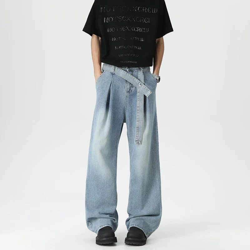 

2025 Autumn New Fashion Men'S Jeans Belt Design Casual Pants Straight Leg Pants Denim Jeans Baggy Pants