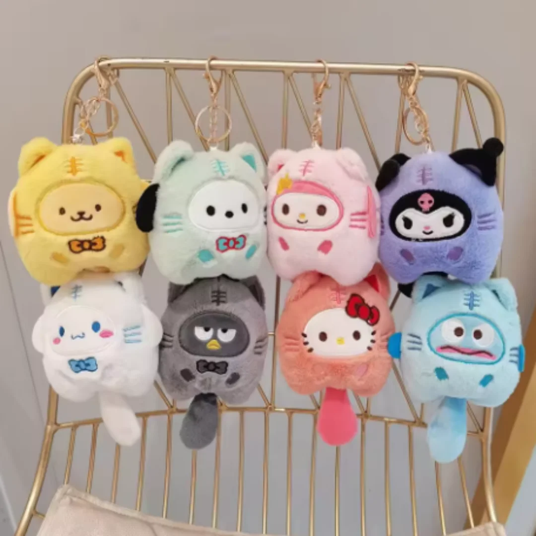 Plush Keychain Hello Kitty MyMelody Kuromi Cinnamoroll Cartoon Animal Stuffed School Bag Pendant Backpack Decoration Doll