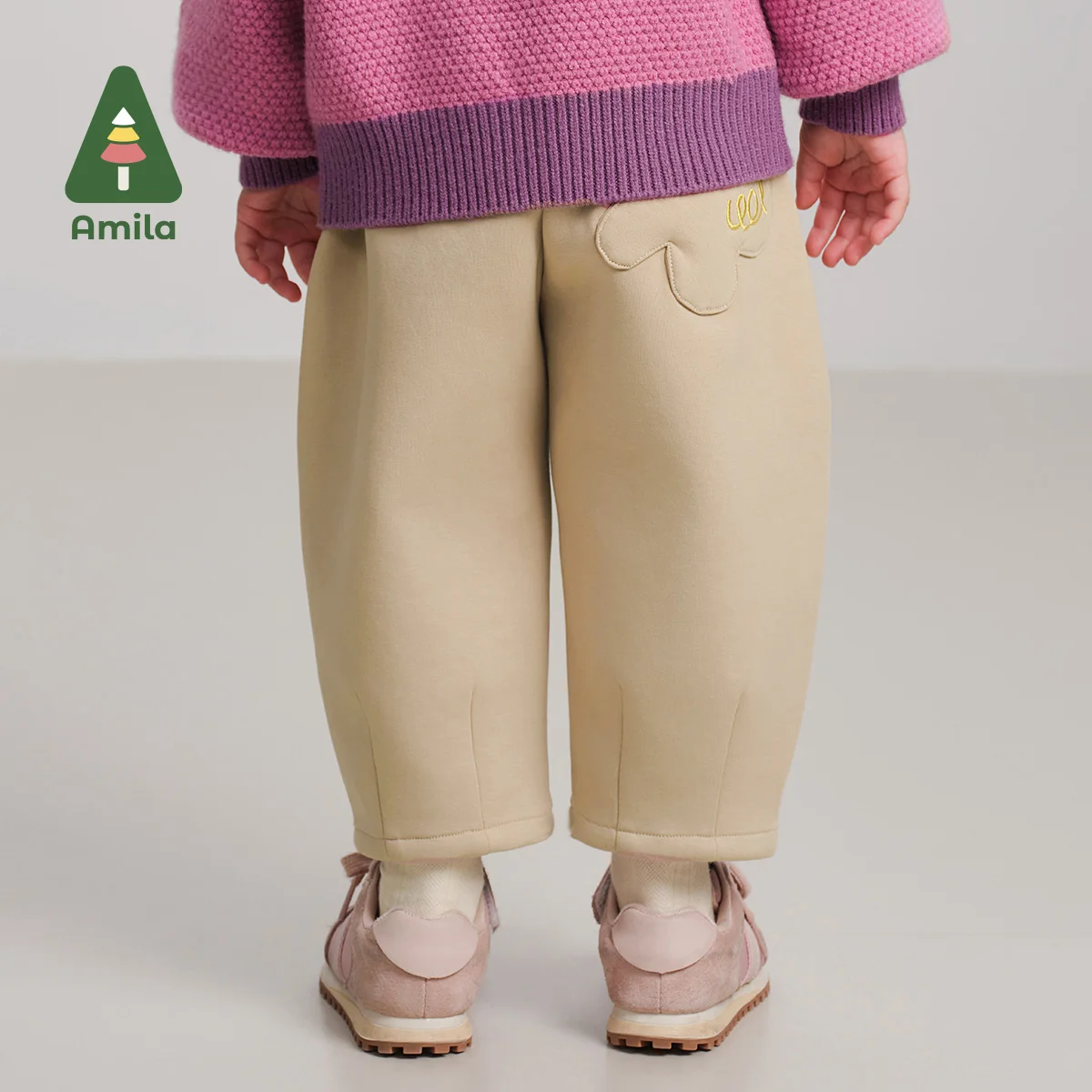 Amila Baby Casual Pants 2024 Winter New Girls Solid Color Printing Warm Soft Loose comfortable Casual Children‘s Trousers