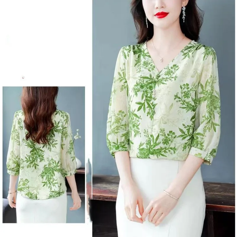 2024 New Summer Minimalist Office Lady V-neck Women\'s Floral Buttons 3/4 Sleeve Fashion All Match Loose Chiffon Shirt Tops