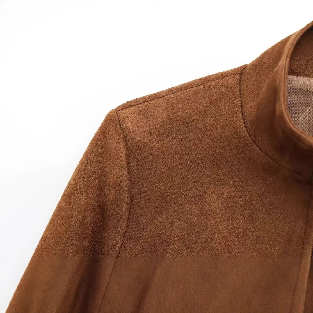 

Новая женская замшевая текстурированная куртка с вертикальным воротником в стиле ретро, повседневная, удобная, короткая, универсальная, европейско-американский дизайн