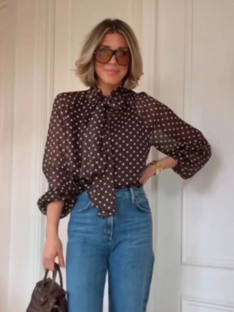 

Женская модная универсальная рубашка HH 2026 весна с воротником-шарфом, принтом в горошек, длинным рукавом, повседневная, в стиле High Street, пуловер