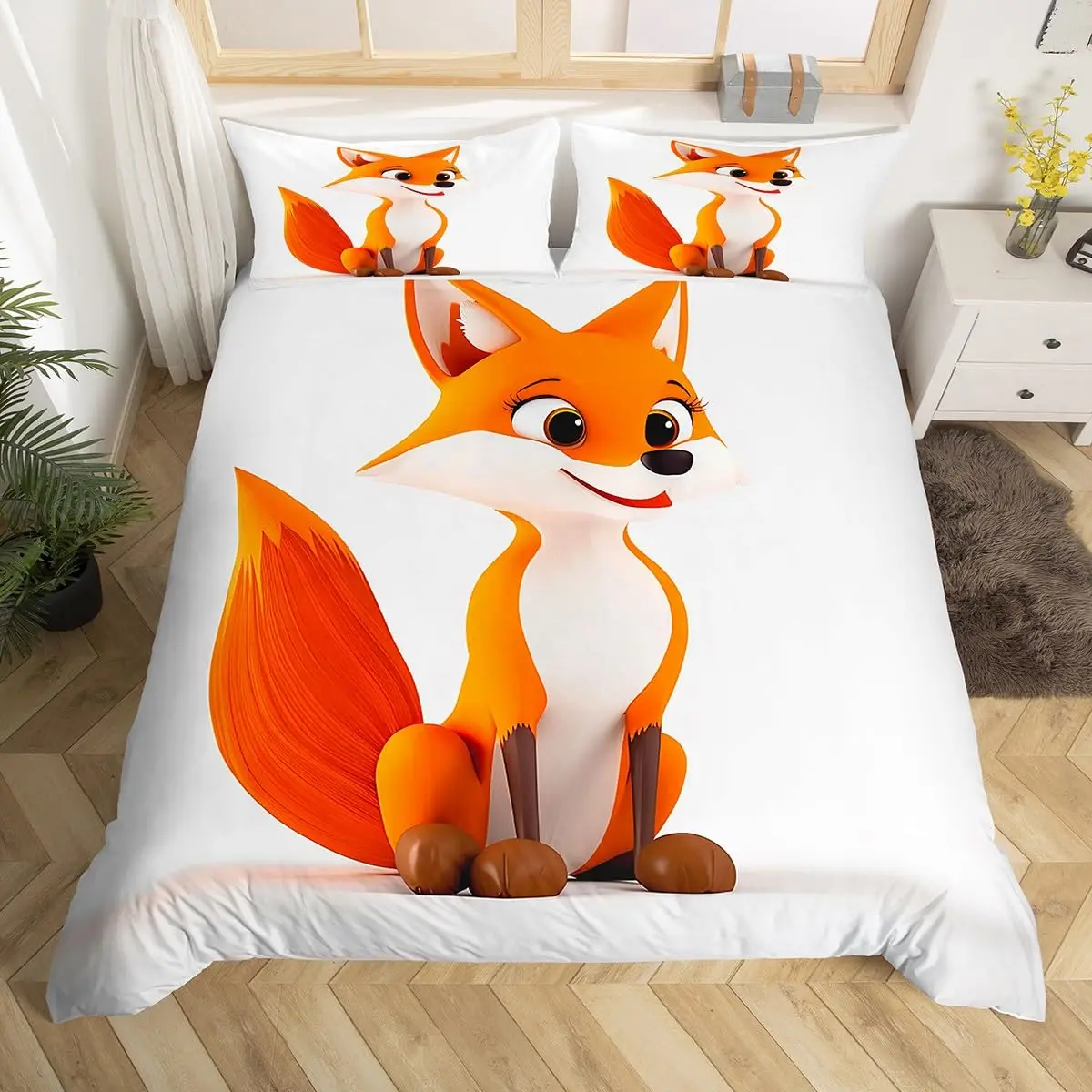 Kids Cartoon Fox Duvet Cover King Queen Orange Animal Bedding Set Girls Teens Bedroom Decor Comforter Cover with 2 Pillow Case