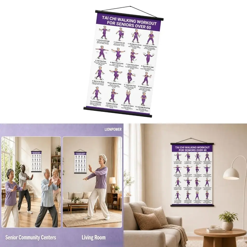 62KD Taiji Wall Chart, Age 60+ Exercise Poster 16 Illustrated Forms Practice Guide