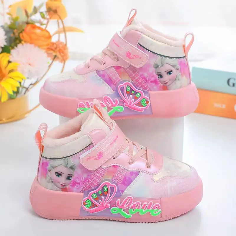 Disney Girls Casual Shoes Autumn Winter Kids  Sports Shoes Frozen Elsa Princess Girls High Top Plus velvet Warm Sneakers 25-36