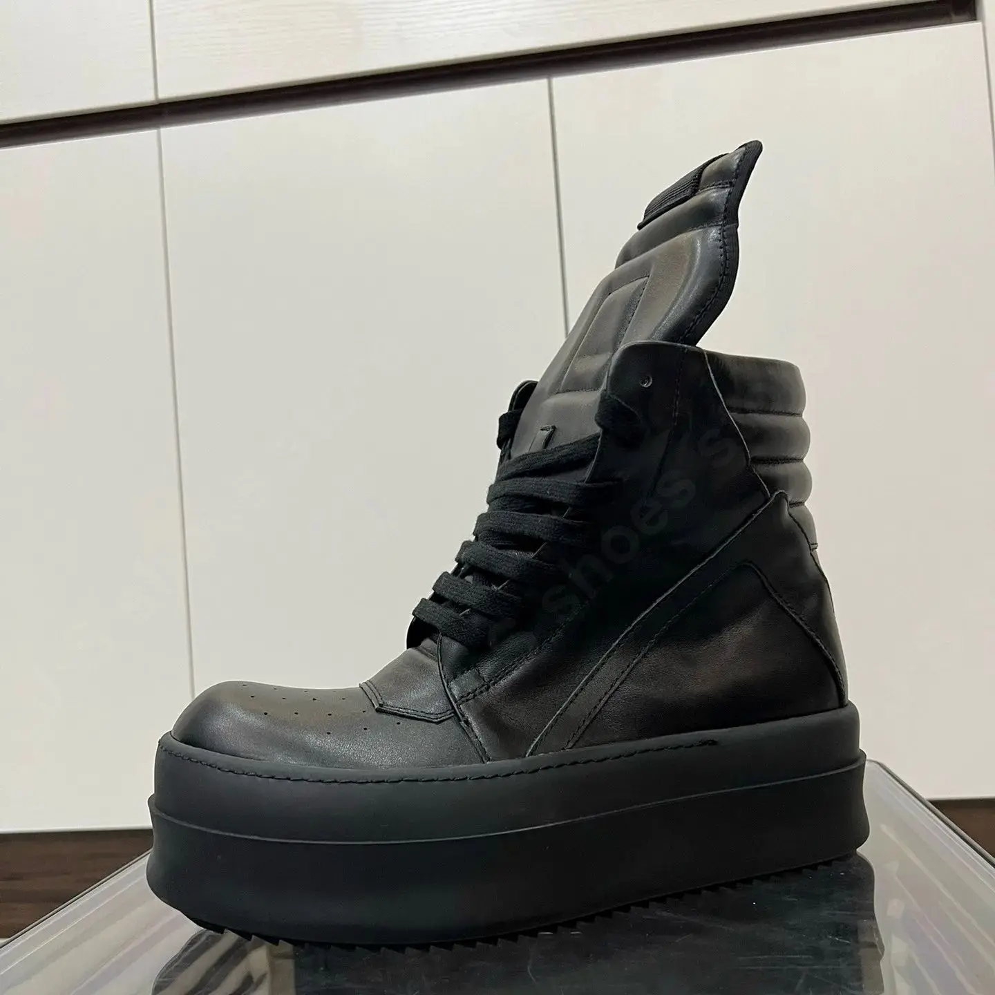 

Ricks Men Shoe Sneaker Ankle Boot Women Sneakers High Top Black Leather Owens Casual Shoes ZIP Lace Up 6cm Thick Sole Shoe Boots