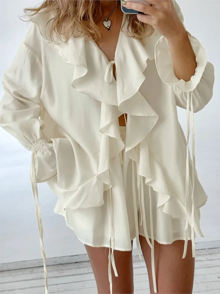 

Chiffon Shorts Suit Women Casual V Neck Solid Female New Outfits Summer Holiday Long Sleeve Ruffle Lace Up Loose Shorts Set 2025