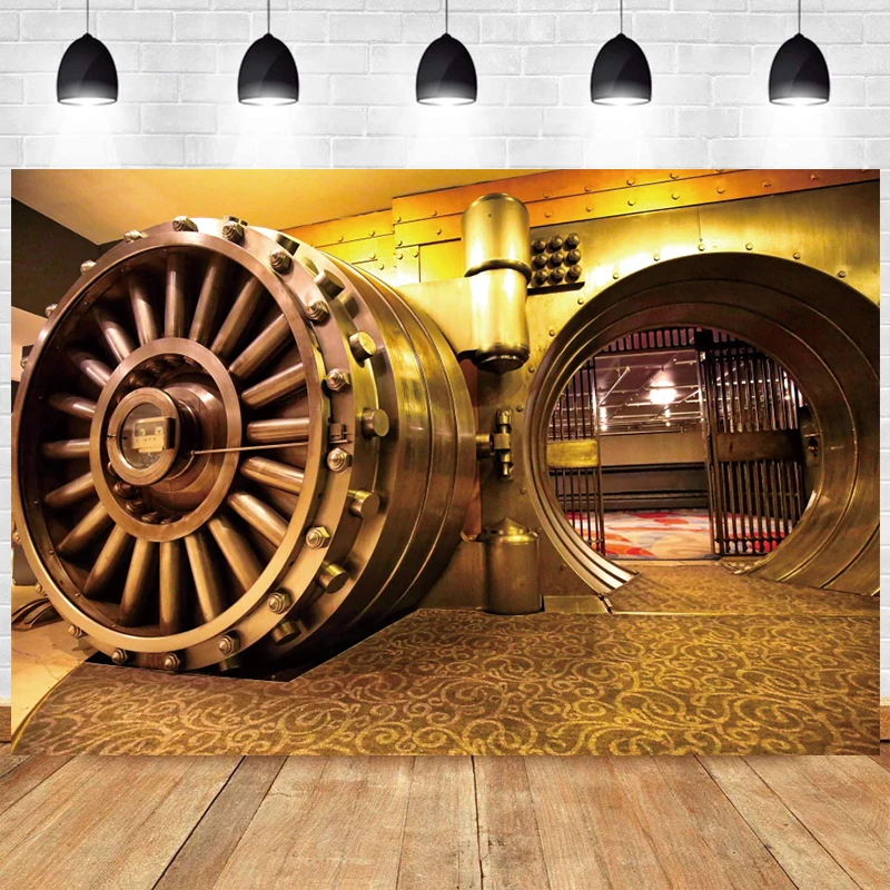 Bank Vault Backdrop Safe for Money Decoration Banner Golden Metal Round Vault Door Storage Robber Theme Photography Background