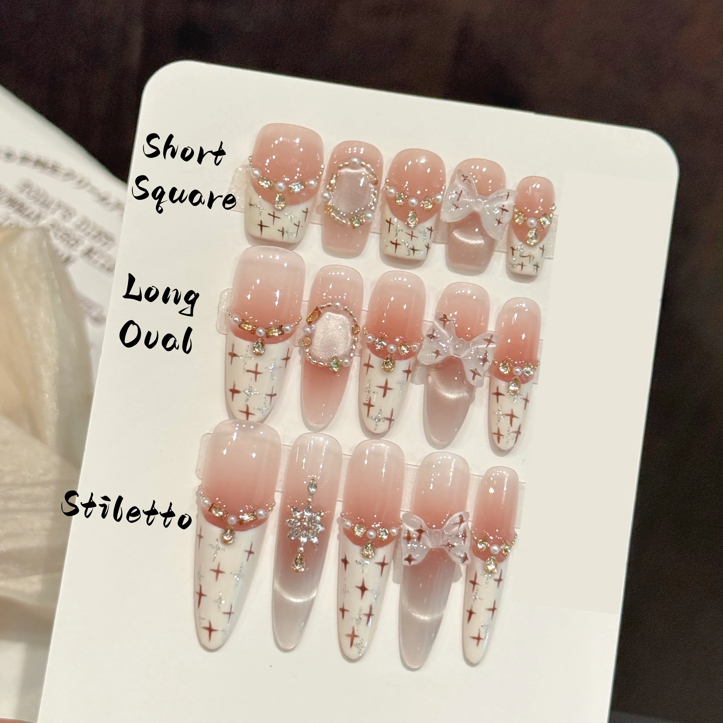 10pcs Handmade Pressed Oval/Square /Stiletto Nail Art,Nice fake nail,Luxurious Cream-white French Cat-Eye Bow,Suitable For Women