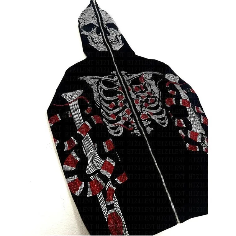 Zip Hoodie Men Y2K clothes Hoodie Fashion Hoodies Goth rhinestones Butterfly Skeleton Print Long Sleeve Sweatshirt Oversized Top