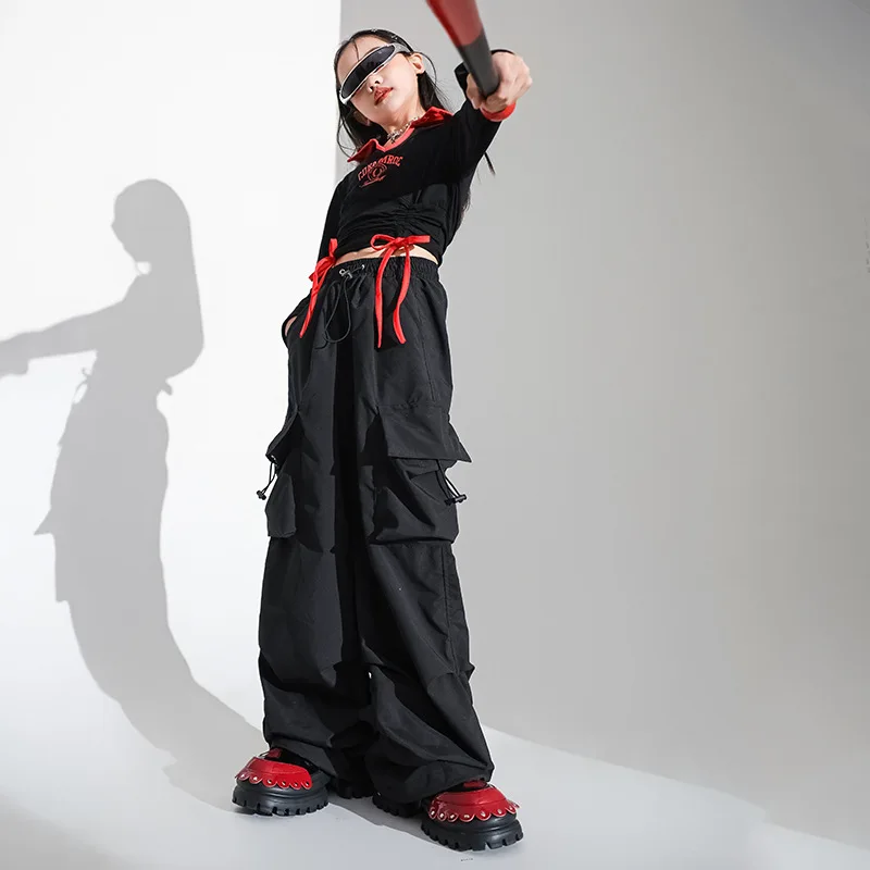 طفل الهيب هوب الملابس السوداء الرباط المحاصيل الأعلى كم طويل تي شيرت عادية واسعة البضائع السراويل لفتاة ملابس رقص الجاز الملابس #4