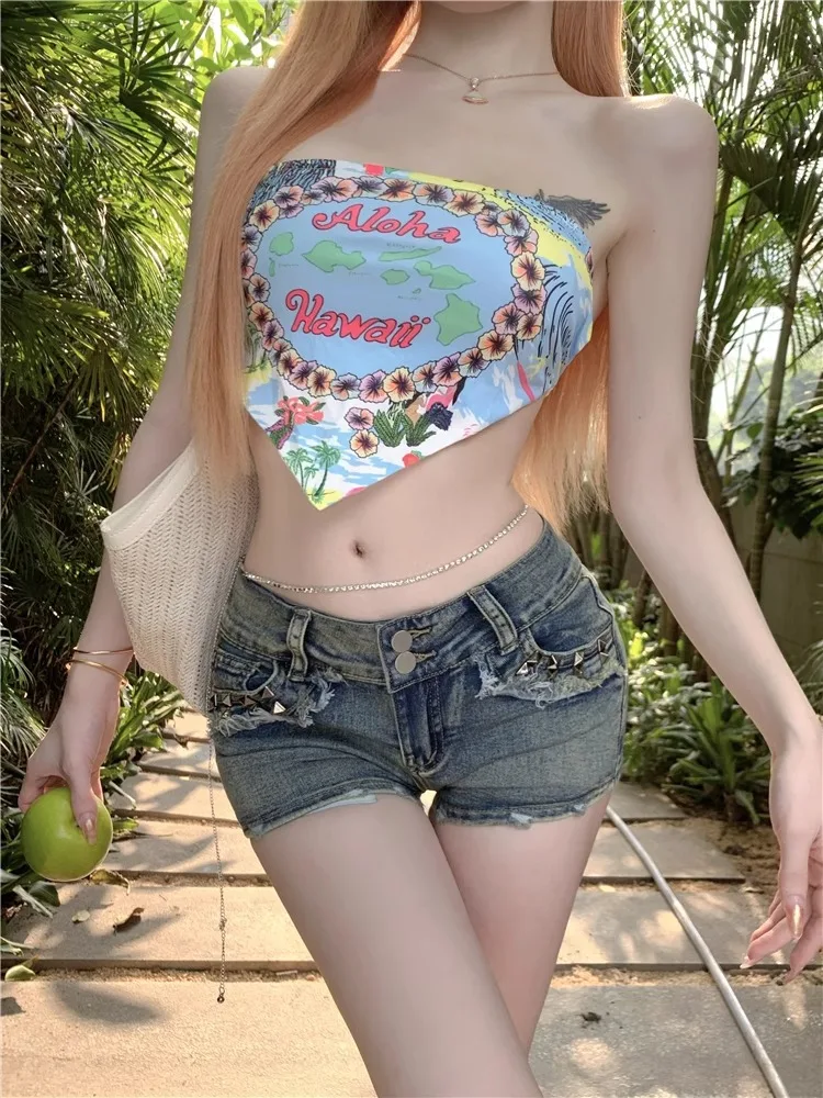 

Women Korean Retro Y2k Shorts Pants Lady Vintage High Street Hot Pants Female Blue Low Waist Elastic Wrapped Hip Short Jeans