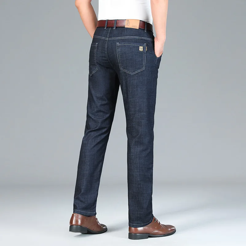 

Men's Classic Stretch Jeans Middle Aged Comfortable Elastic Waist Denim Pants Drape Fit Ice Silk Fabric Quality Trousers Casual