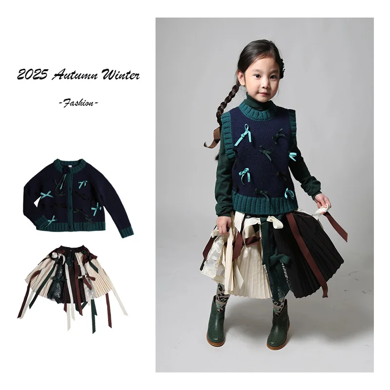 خمر نمط فتاة زهرة القوس متماسكة سترة نصف تنورة مجموعة 2025 الشتاء الخريف اليدوية سترة للفتيات محبوك Cardgan مطوي #1